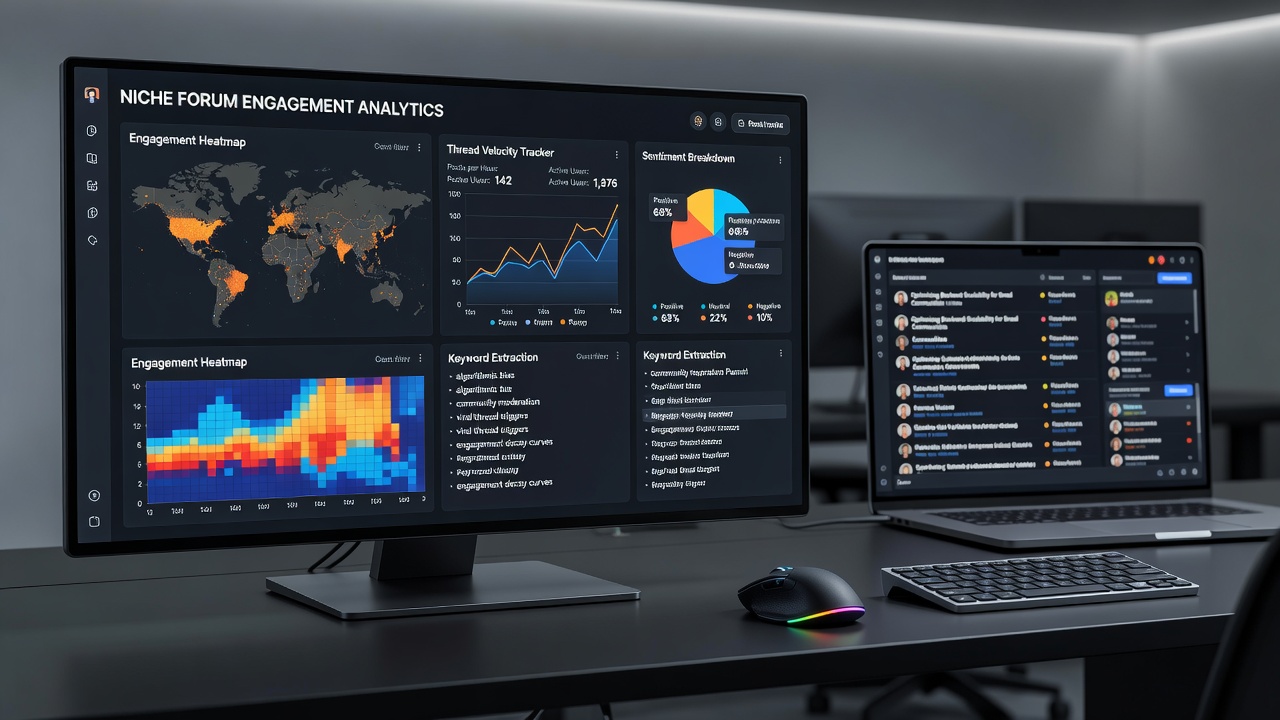 Dashboard view of precision engagement analysis software showing forum user networks and detailed interaction timelines